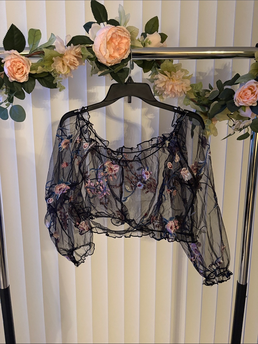 SHEIN Black Sheer Embroidered Floral Overlay